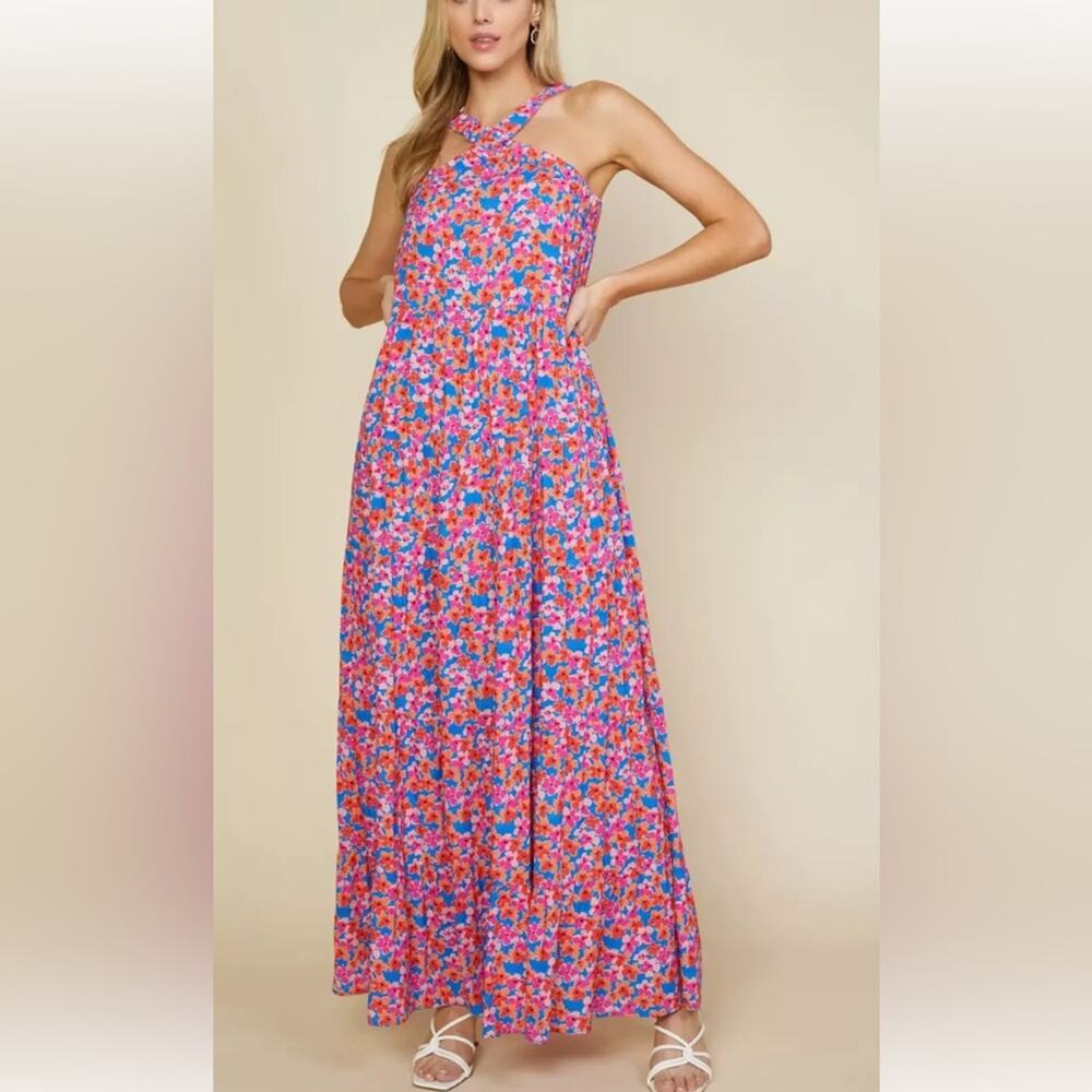 Skies Are Blue Floral Print Crossed Neck Full Length Long maxi Dress Size Small